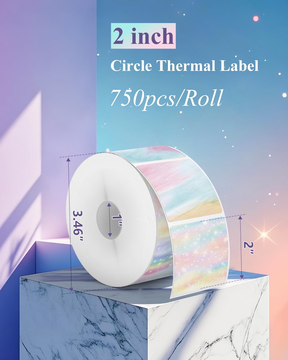 Gloryang 2" x 2" Thermal Printer Labels - 750 Labels/Roll Rainbow