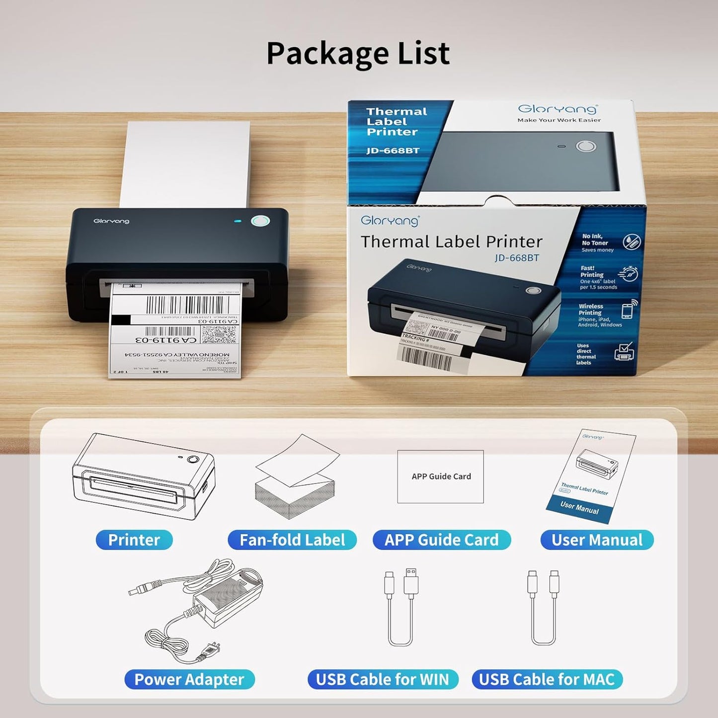 Gloryang 668BT Bluetooth Thermal Shipping Label Printer