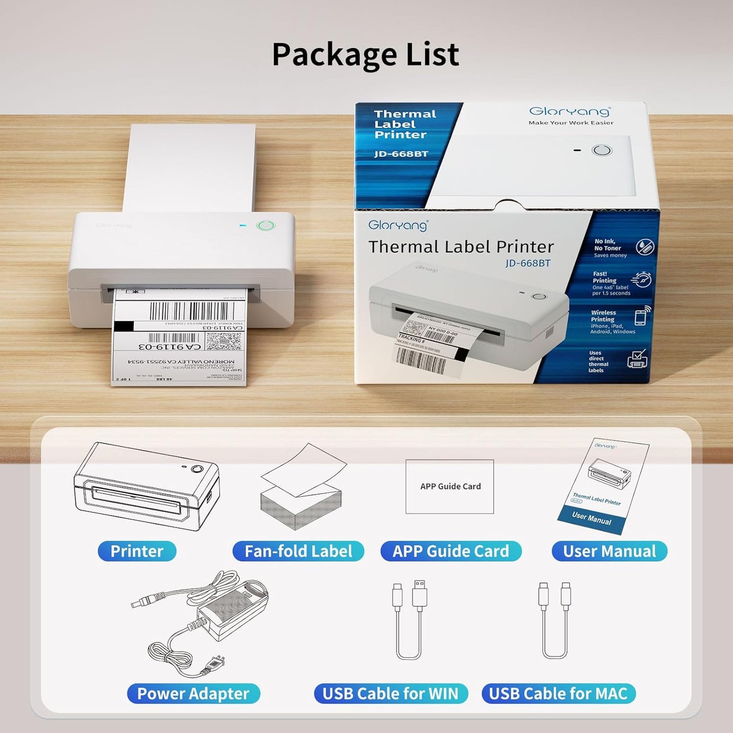 Gloryang 668BT Bluetooth Thermal Shipping Label Printer White