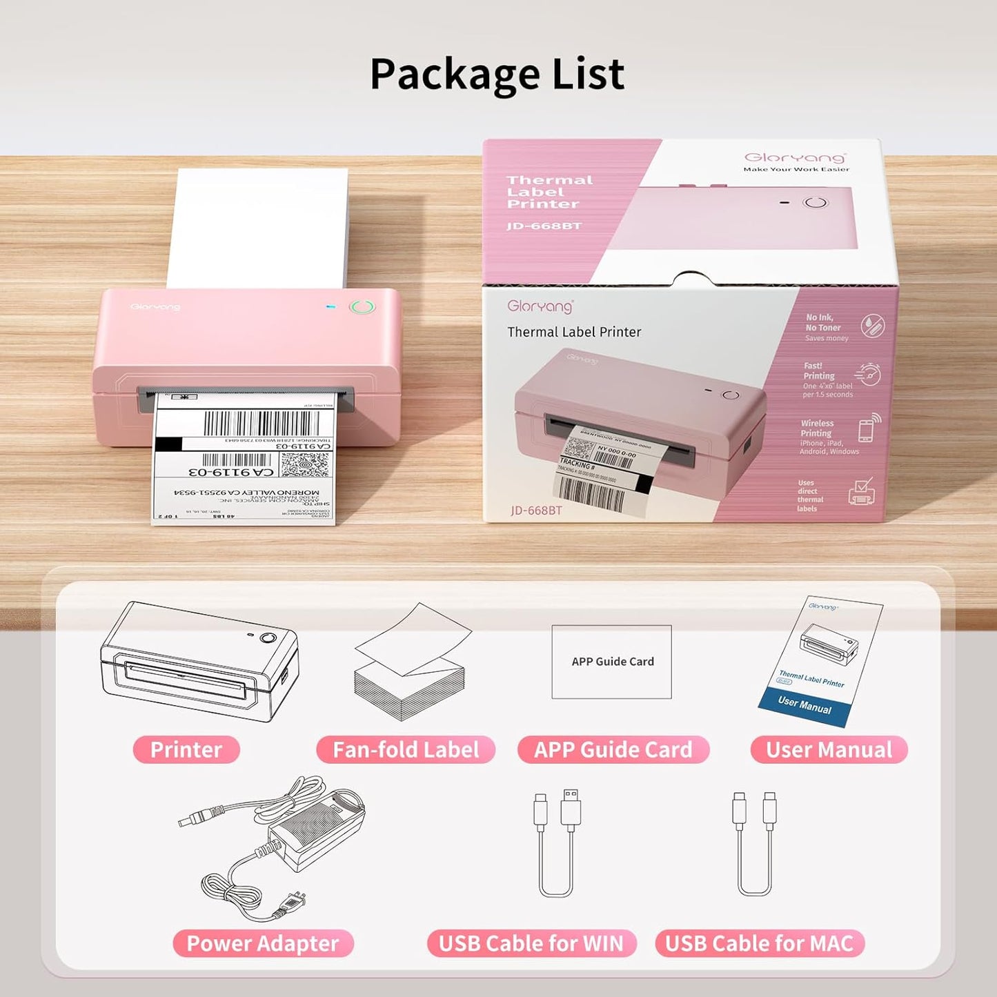 Gloryang 668BT Bluetooth Thermal Shipping Label Printer Pink