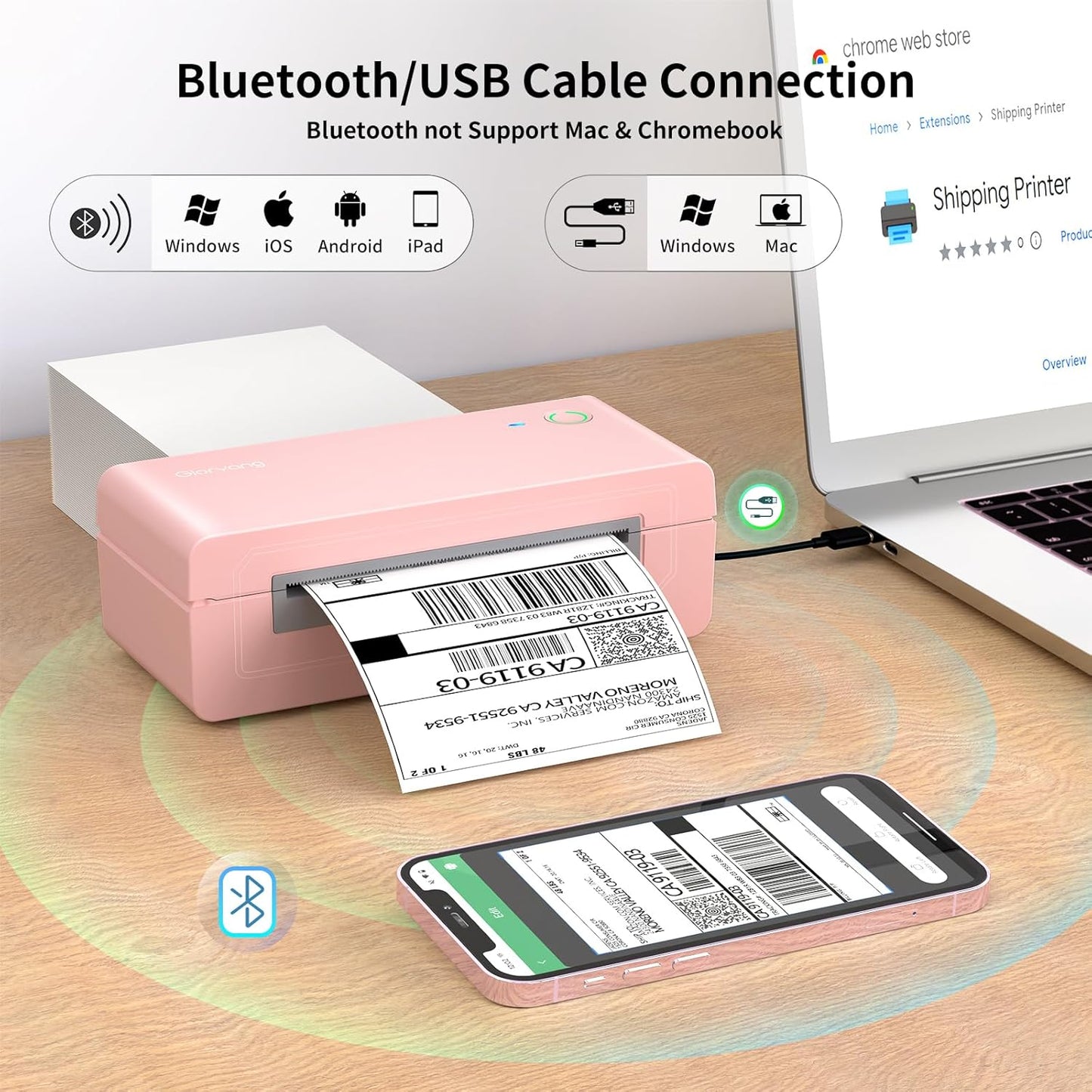 Gloryang 668BT Bluetooth Thermal Shipping Label Printer Pink